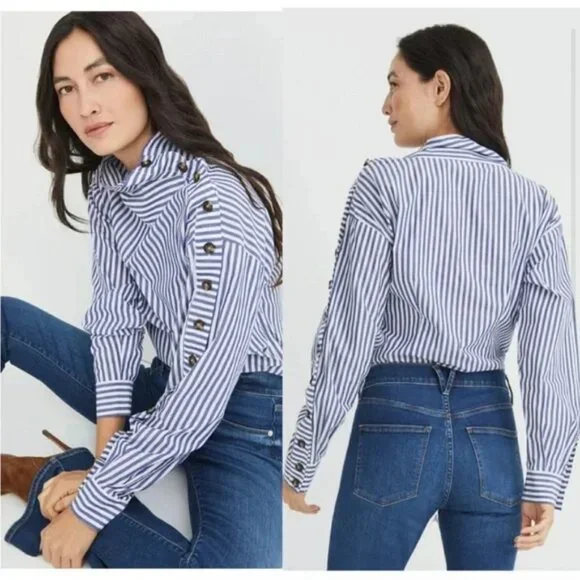 Veronica Beard Fauri Striped Off-The-Shoulder Long Sleeve Shirt Size 4 - Picture 2 of 16